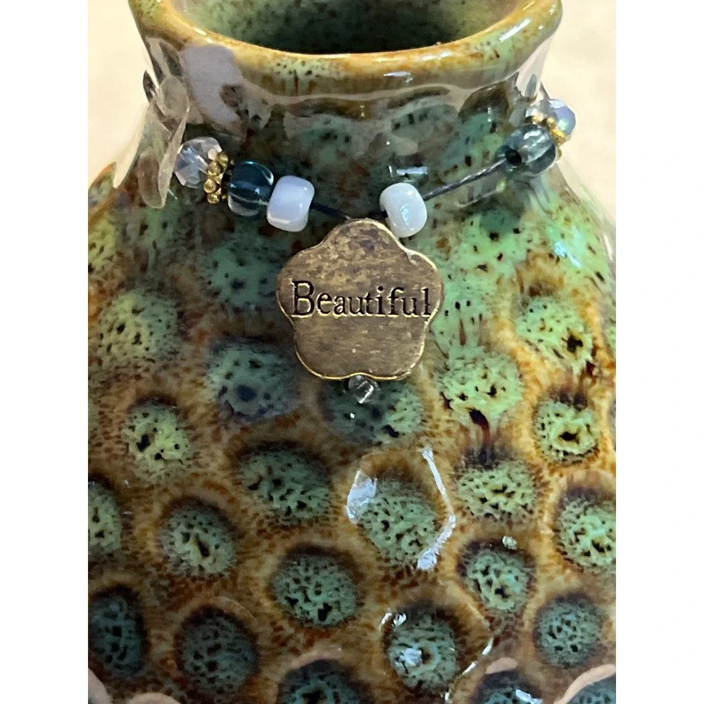 Handmade Ceramic Bud Vase Green Blue Reactive Glaze Honeycomb Texture Beautiful